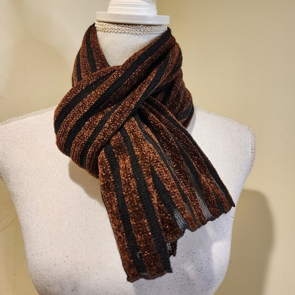 Beatrice Lissague Hand Made In France Striped Brown and Black Splarkling Scarf - Picture 1 of 7